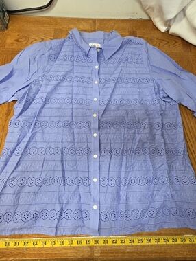 Denim & Co. Button Up Blue Eyelet Cuffed Sleeve Blouse Plus Size 2X